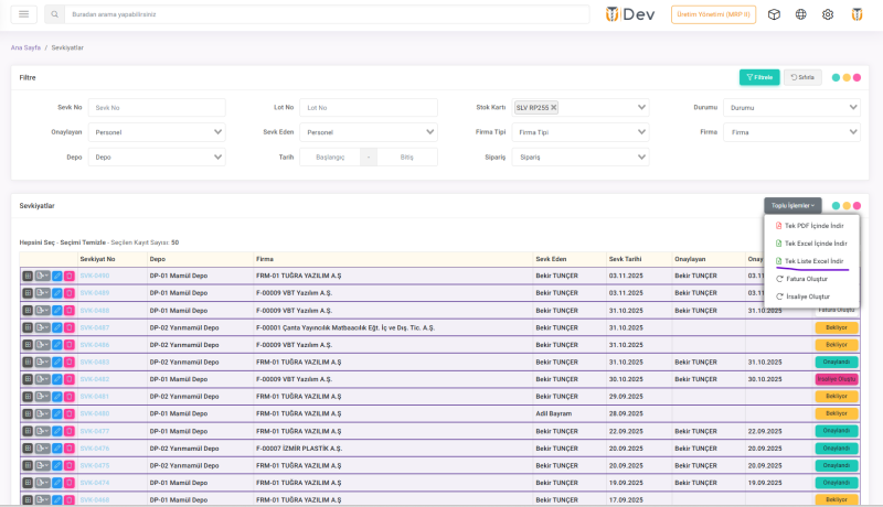 Sevkiyat ekranına iki yeni özellik eklendi.